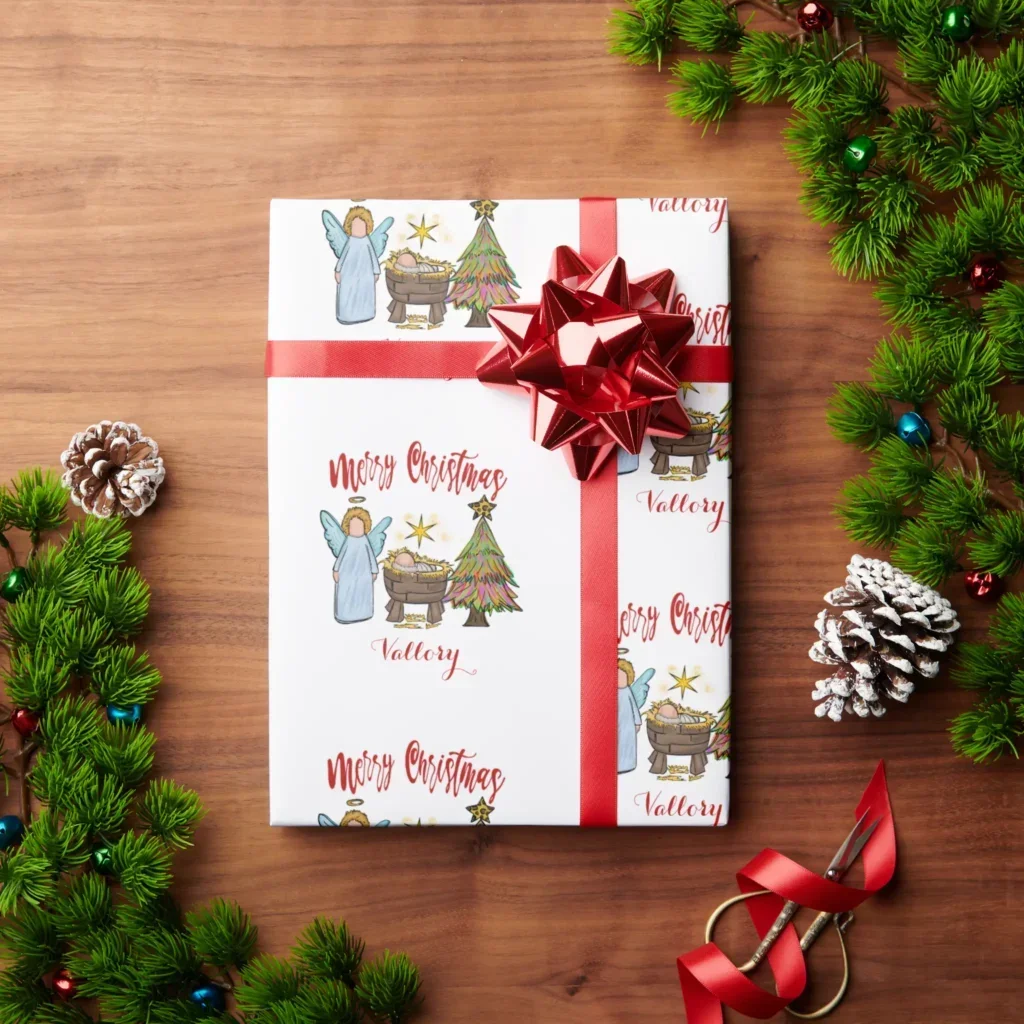 Custom Christmas Wrapping Paper Featuring A Christian Manger And Child’s Name