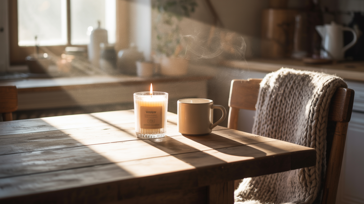 Kitchen table with mug and candle