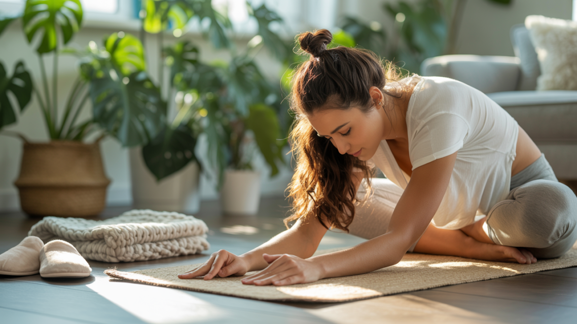 A person stretching on a yoga mat in a sunlit living room, cozy slippers and a folded blanket nearby, houseplants in the background. Calm, slow-living feel.