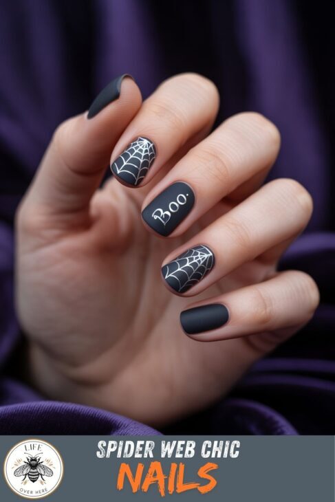 Black matte Halloween nails with spiderwebs and the word boo