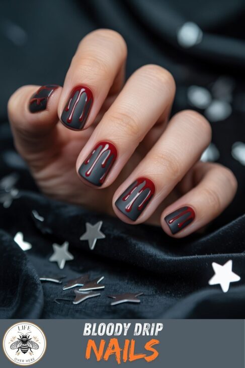 Black Matte Halloween Nails With Bloody Drips