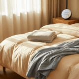 Cozy bedroom with bed, robe, and sunrise alarm