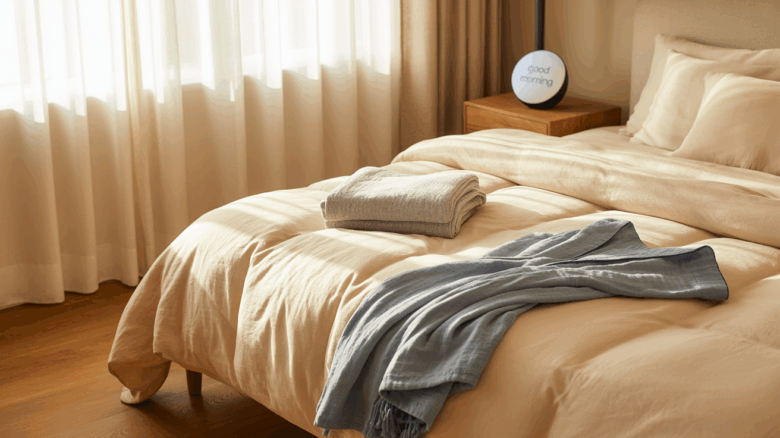 Slow Mornings, Soft Starts: Rituals That Wrap You in Warmth 1 Cozy bedroom with bed, robe, and sunrise alarm