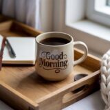 mug of coffee or tea on a wooden tray with a journal and cozy blanket