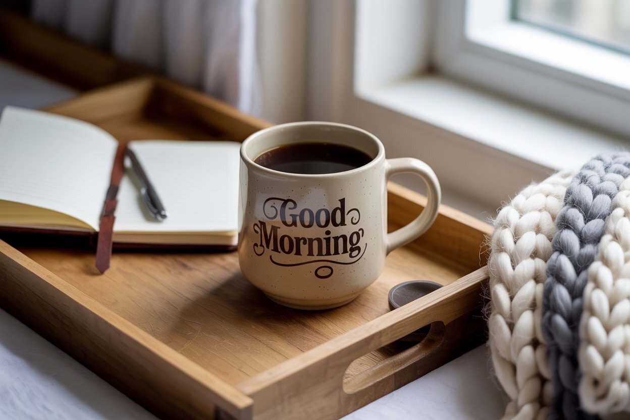 mug of coffee or tea on a wooden tray with a journal and cozy blanket